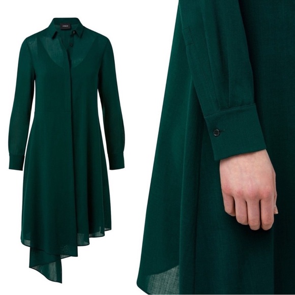 Akris Midi Dress Shirtdress Wool Emerald Green Asymmetrical Classic Minimal 10 - Picture 2 of 12